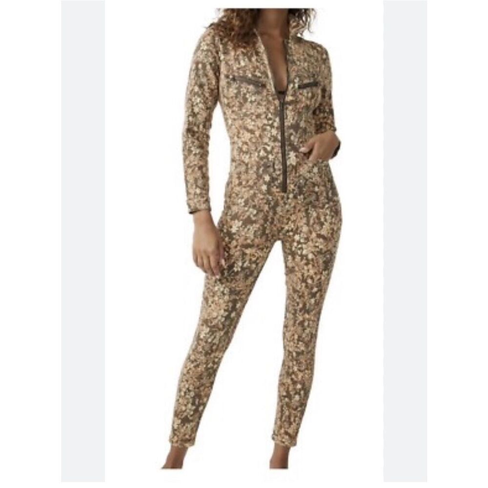 Free People Floral Zip-Front Jumpsuit in Brown and Cream